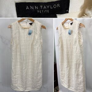Ann Taylor Women's 10P Fringe Tweed Shift Dress Winter White Petite NEW